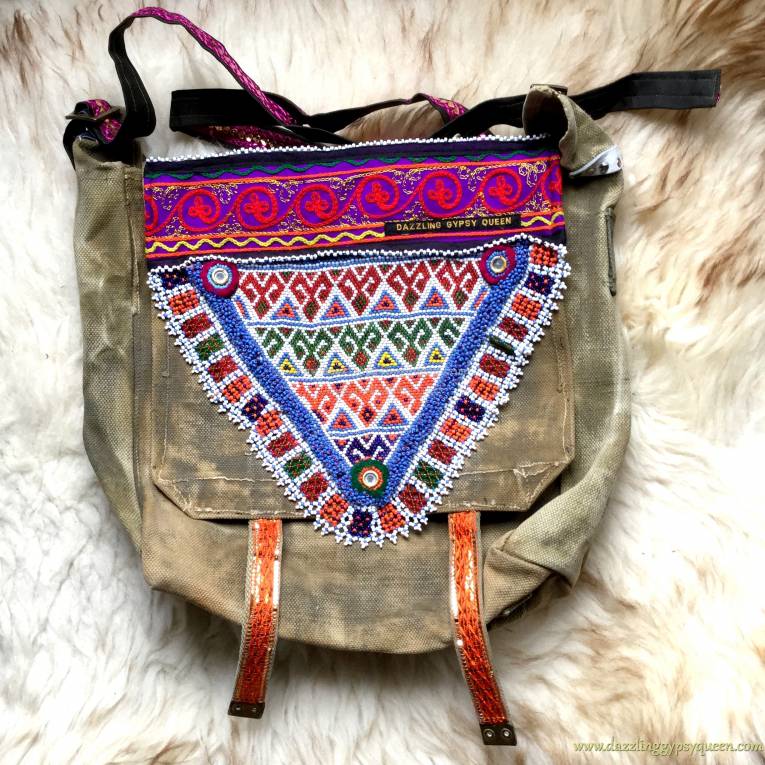 Vintage army bag with unique Kuchi Tribal beaded patch - by Dazzling Gypsy Queen at www.styletrash.nl - S006
